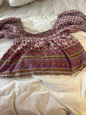 Smocked Off-Shoulder Floral Peasant Blouse - Purple & Pink